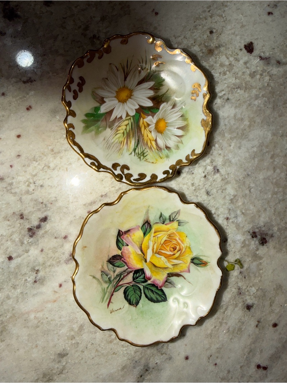Vintage Yellow Rose & White Daisy Porcelain Pin Dishes
